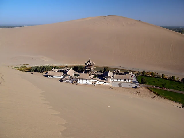 Crescent Lake among the dunes near Dunhuang.