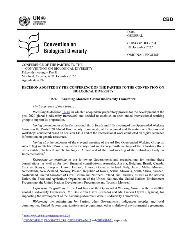 Kunming–Montreal Global Biodiversity Framework, original decision page.