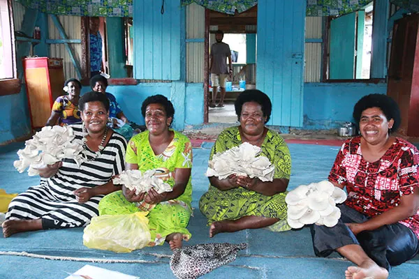 Project participants share the results of Juncao mushroom cultivation.