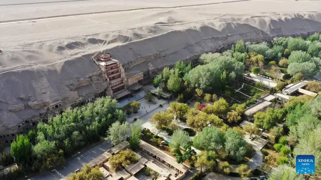 Mogao Grottoes from the air, 25 April 2023. Heritage-site context.