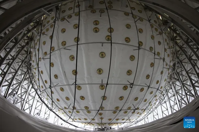 JUNO’s central detector during construction, December 2024. Xinhua / Jin Liwang via CAS.
