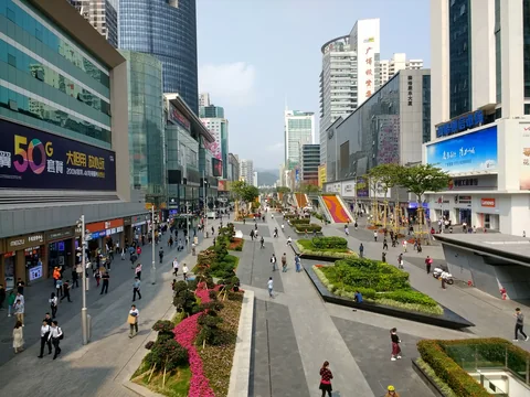 The pedestrian shopping street at Huaqiangbei, Shenzhen.