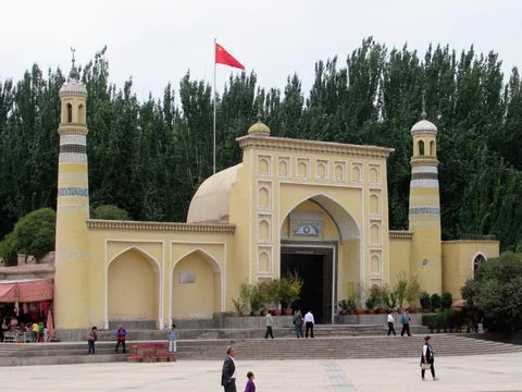 The yellow entrance facade of Id Kah Mosque, Kashgar.