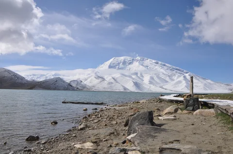 Karakul Lake beneath the snow-covered Muztagh Ata massif in Xinjiang.
