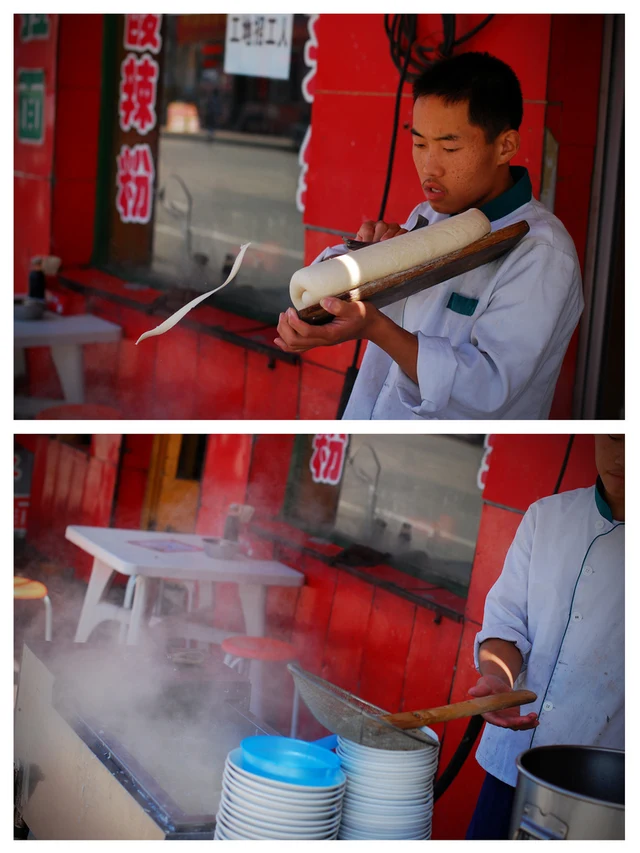 A cook shaving knife-cut noodles into a pot in Datong.