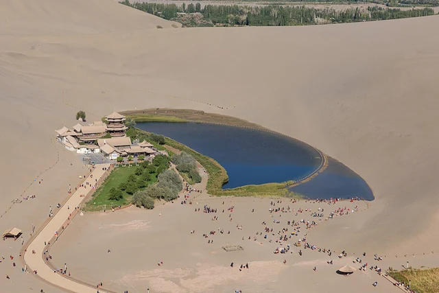 Crescent Spring viewed from the Mingsha dunes near Dunhuang in 2023.