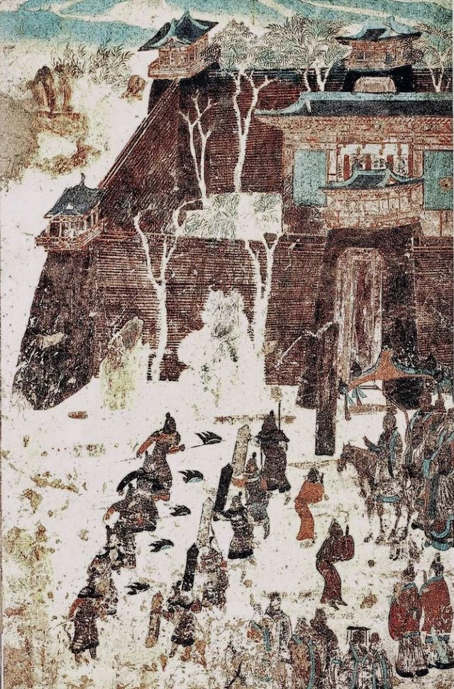 A section of the Zhang Yichao procession mural from Mogao Cave 156, late Tang period.