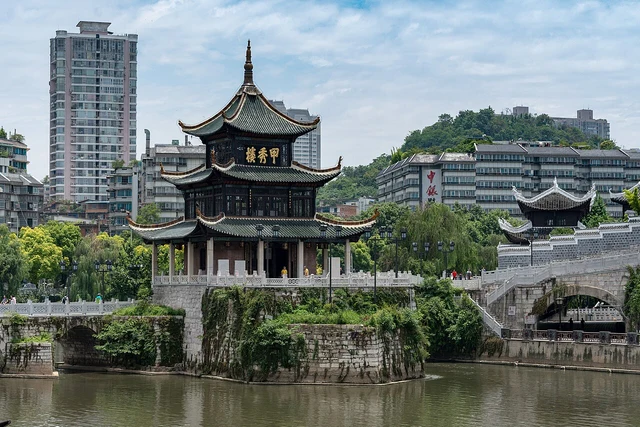 Jiaxiu Pavilion and the Nanming River in Guiyang, photographed in June 2018.