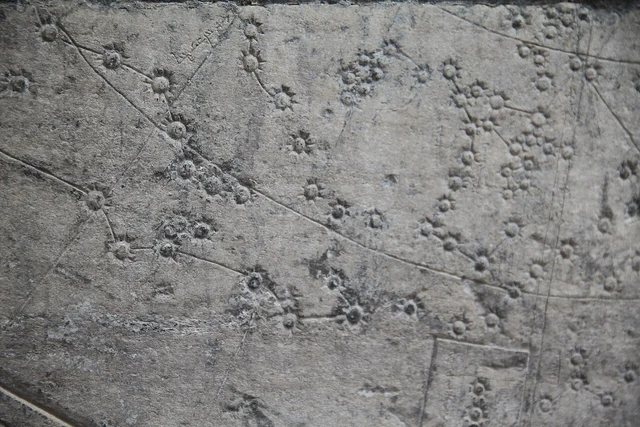 A historical detail photograph of the Mongolian star chart stone carving at Hohhot’s Five Pagoda Temple, not a live sky chart.