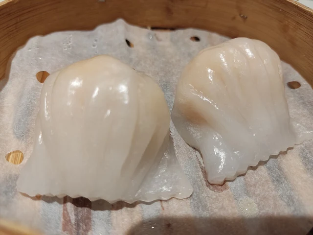 Har gow prawn dumplings served in Hong Kong.