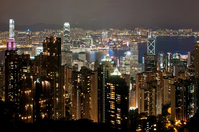 The skyline, harbour and Kowloon viewed from Victoria Peak.