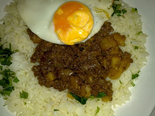 A plate of minchi, a Macanese dish made with minced meat.