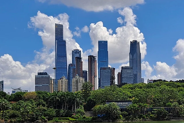 The China–ASEAN business district in Nanning, photographed from Folk Song Lake.