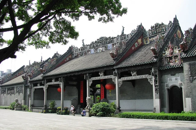 The decorated roof ridge, courtyard and facade of Guangzhou's Chen Clan Ancestral Hall.