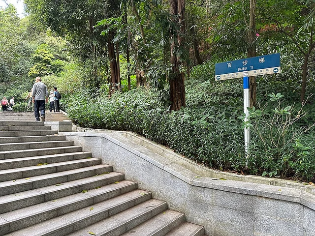 Visitors walking up Baibu Ti steps amid trees on Baiyun Mountain in Guangzhou.
