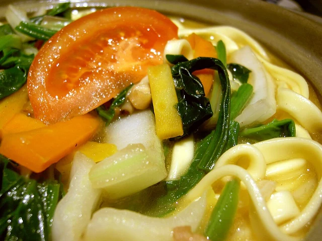 Vegetables and noodles in a bowl of Tibetan thukpa photographed in Osaka, Japan.