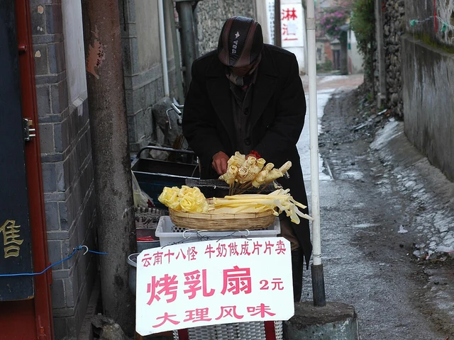 A street vendor grilling rolled rushan cheese in Dali.