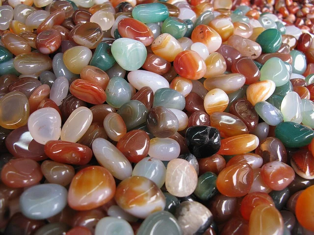 Colourful polished stones displayed as rain-flower stones at Yuhuatai in Nanjing.