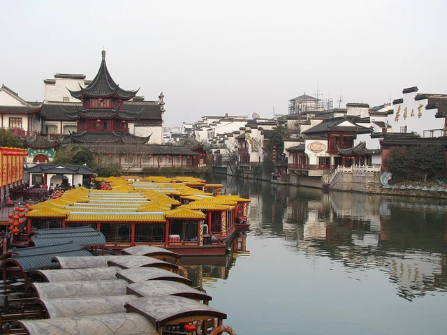 Tourist boats on the Qinhuai River beside Nanjing's Fuzimiao district.