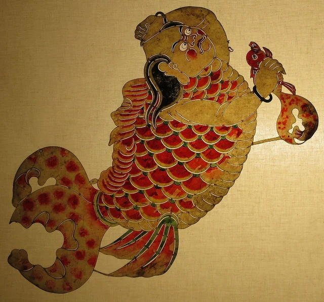 A painted mythical-animal shadow puppet from 19th-century Shaanxi, in the Lin Liu-Hsin Museum collection.
