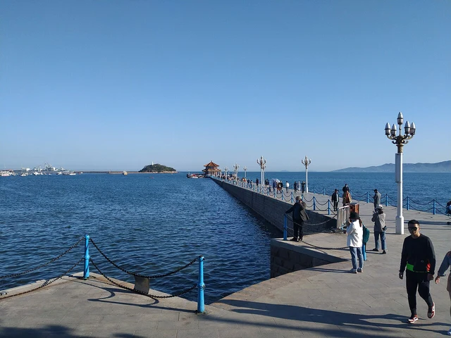Zhanqiao Pier and Little Qingdao Isle viewed from the Qingdao shore.