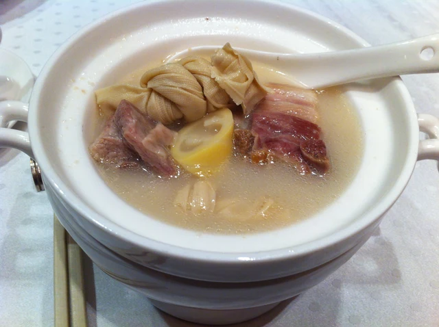 Yanduxian soup with pork and bamboo shoots.