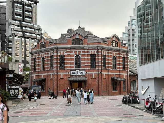 The brick facade of the Red House in Taipei’s Ximending district, photographed in 2025.