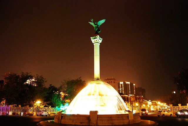 The monument on Marco Polo Square in Tianjin’s Italian-style district at night.