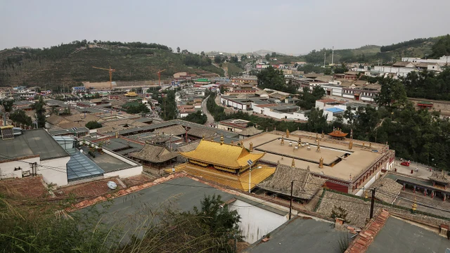 The roofs and hillside of Kumbum Monastery in Qinghai.