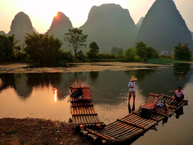 Rafts and their operators on the Yulong River in Yangshuo.