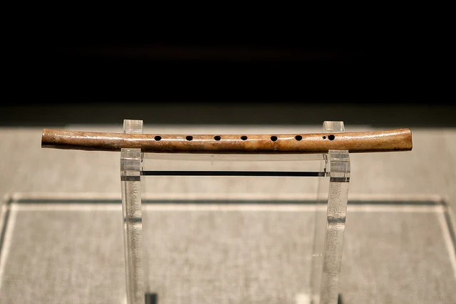 A Jiahu bone flute from Henan Museum’s collection, photographed in May 2026; an archaeological instrument example, not a performance or a demonstration using the original.