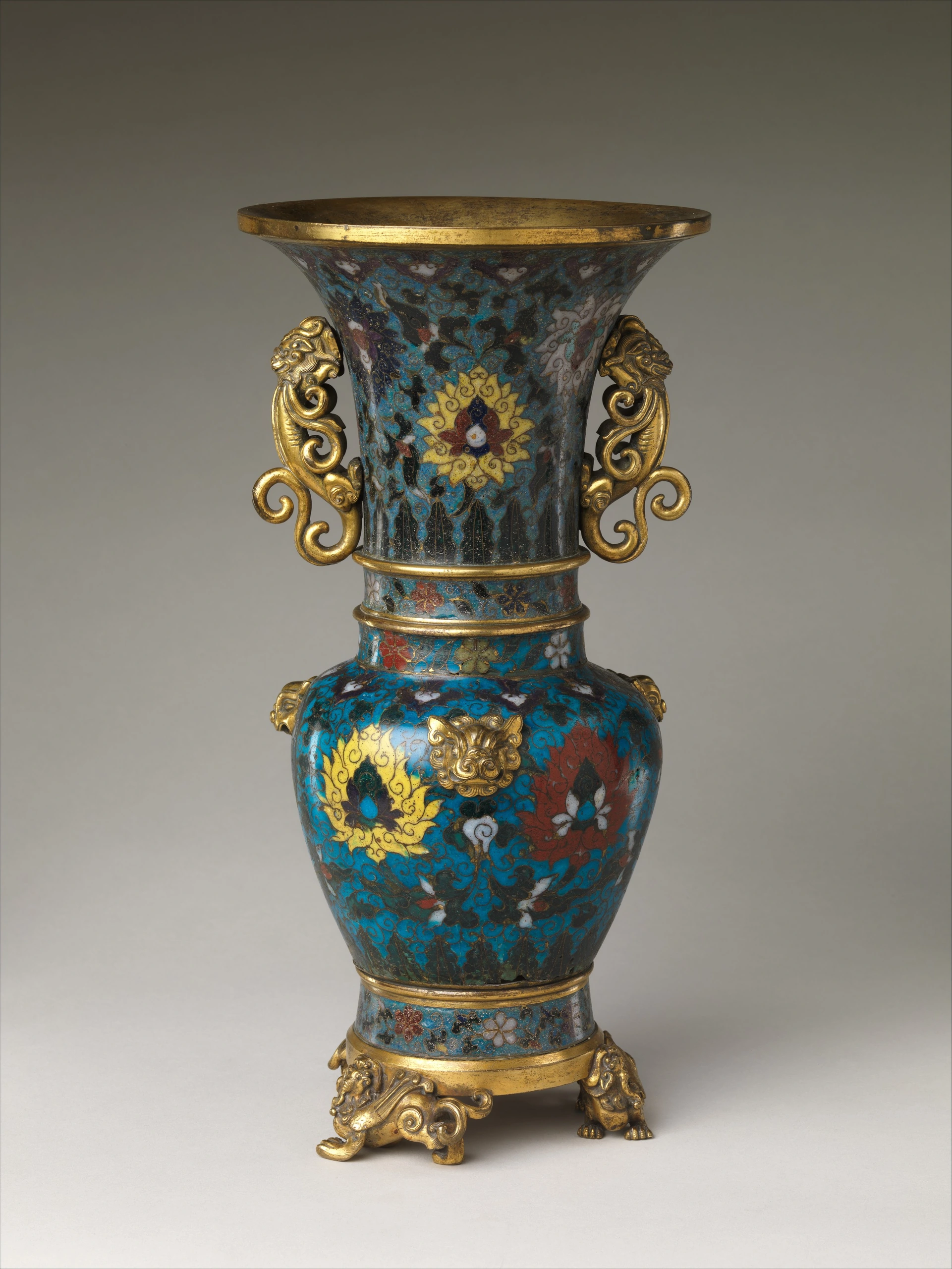 Turquoise cloisonné vase with gilt lotus scrolls, Ming dynasty. The Met, 14.40.917.