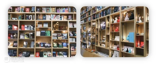 Designer objects and museum merchandise on shelves at Shenzhen Design Society's art shop.